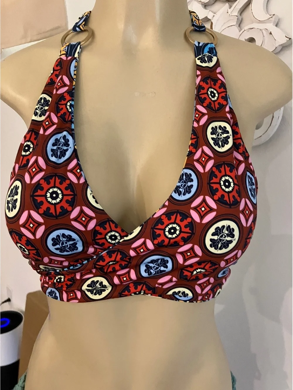 NWT Derek Lam 10 Crosby  Reversible Halter Bikini Top with Geometric Print